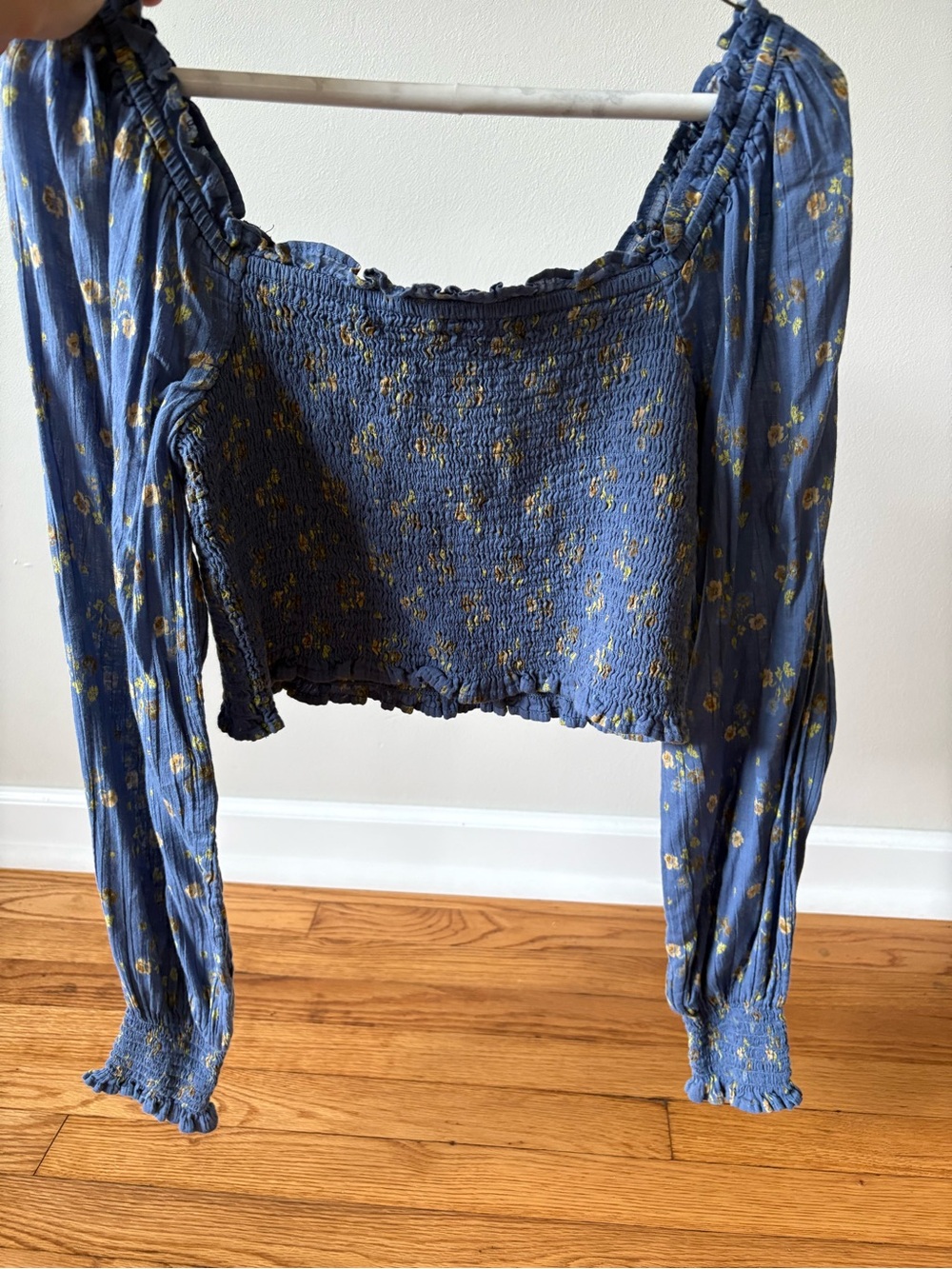 Aerie Blue Floral Smocked Square-Neck Crop Top
